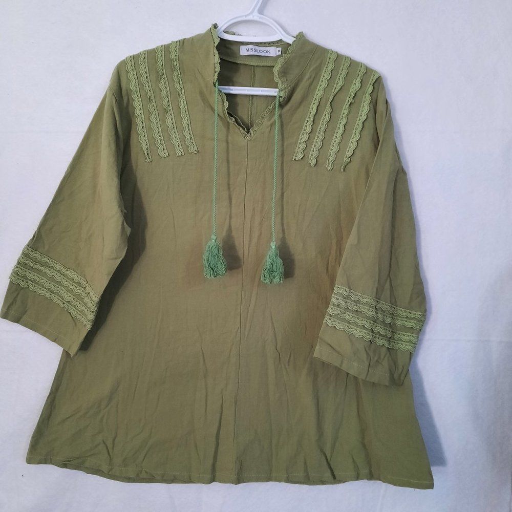 Miss Look Light Olive Green Cotton Peasant Tunic with Tassels Size Medium